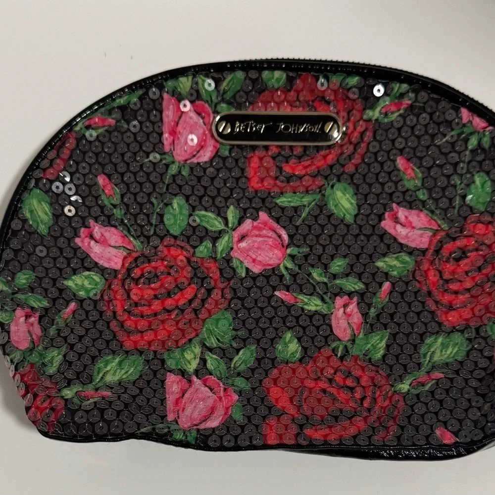 Betsey Johnson Black And Rose Sequins make up bag